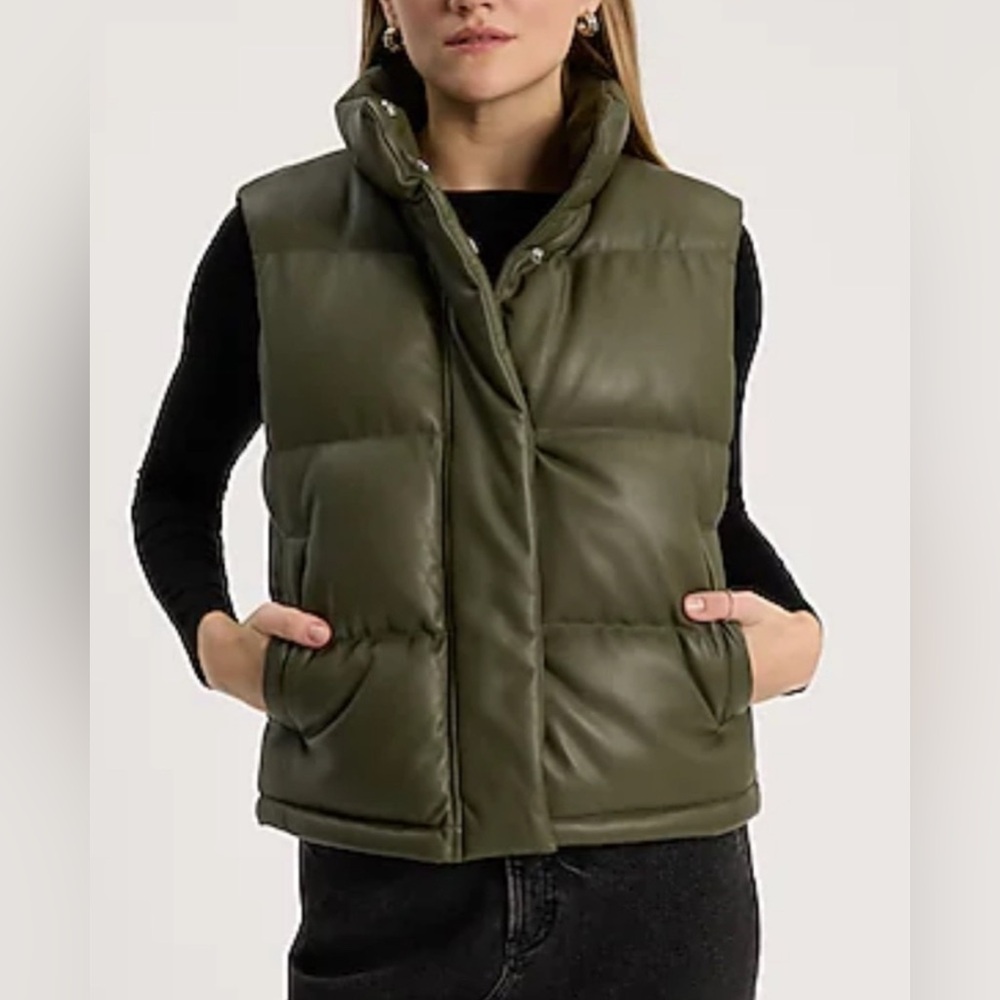 Express Faux Leather Olive Green Puffer Vest for Women